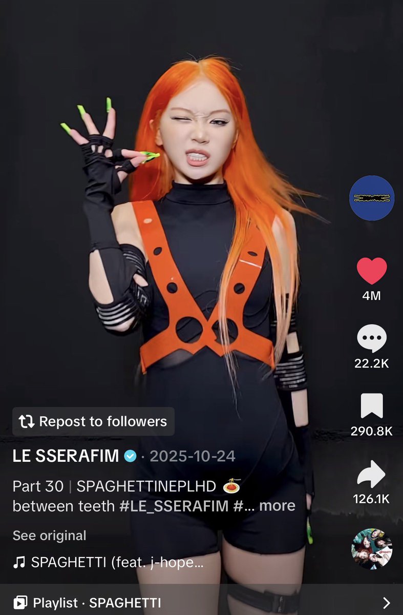 CHAEWON_DATA's tweet photo. [📊] 260122

#CHAEWON’s “Spaghetti” challenge has now surpassed 4M likes on TikTok (with 43M views) 🎉

— her 2nd solo challenge to do so, after “Smart” (6.5M likes, 73M views)

🔗 https://t.co/MiEtHmTMNF

#LE_SSERAFIM #KIMCHAEWON 
#르세라핌 #김채원
#ルセラフィム #チェウォン https://t.co/l57xEJislI