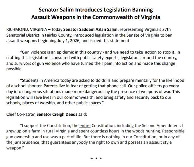 bluevirginia's tweet photo. VA Sen. @SalimVASenate Introduces Legislation Banning Assault Weapons; Chief Co-Patron @CreighDeeds says "there is nothing in our Constitution, or in any of the jurisprudence, that guarantees anybody the right to own and possess an assault style weapon.”  https://t.co/wmTv8Z0ZKn https://t.co/xcHm0mOy6O