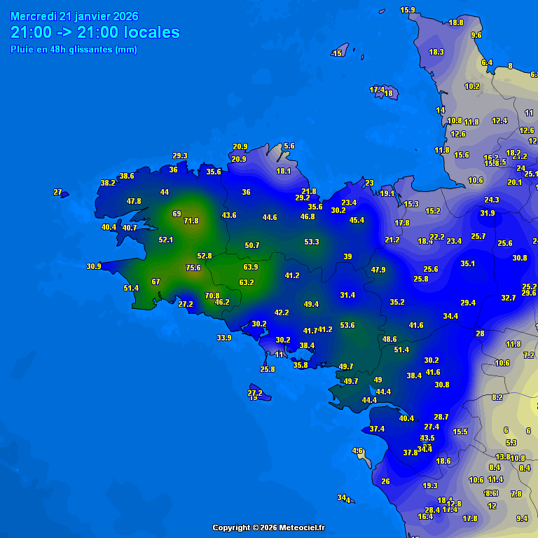 SebDecaux's tweet photo. #Bretagne
Cumuls de pluie sur 48 h ⤵️
75 mm à #Coray
72 mm à #Brennilis
71 mm à #Bannalec
64 mm à #Ploërdut
54 mm à #Pleucadeuc https://t.co/E12Nnkxe56
