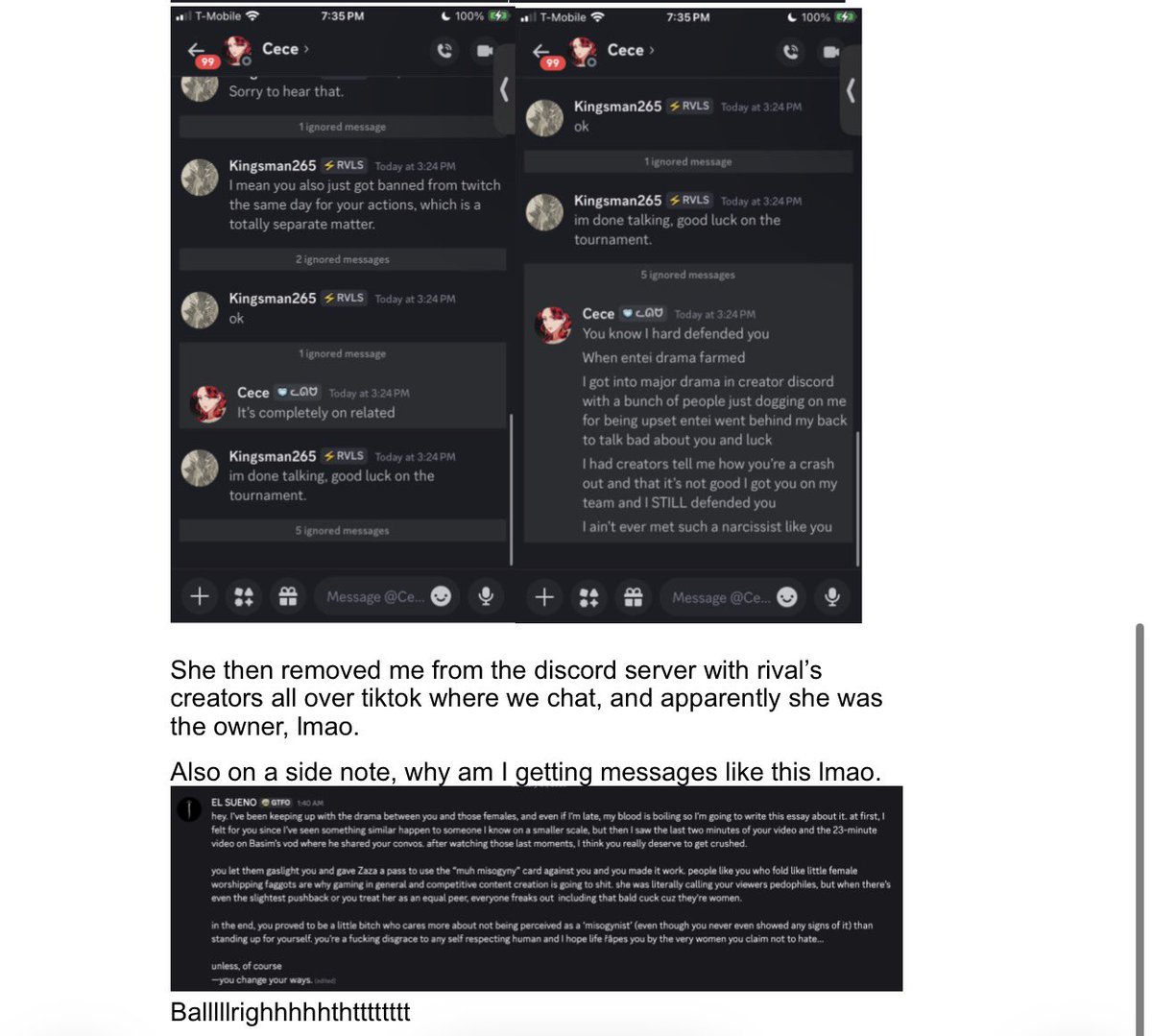 Awk20000's tweet image. Kingsman joined Twitter to drop his DMs with Cece

“Here’s the dm’s between me and her the day after I got kicked and posted video, right before the tournament started”