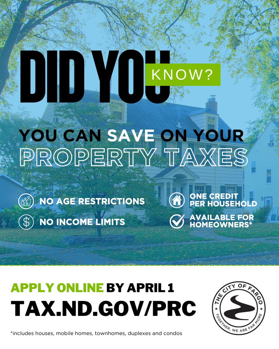 thecityoffargo's tweet photo. #Fargo homeowners, make sure you’re taking advantage of potential tax savings! 🏠🌳💲

The Primary Residence Credit from the State of North Dakota can provide up to $1,600. 

Apply today at https://t.co/4XNf5mJoUX and see if you qualify. https://t.co/b0Dli1hSx5