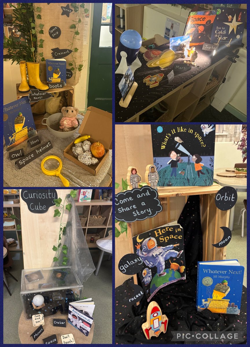 SmawthorneHMA's tweet photo. Our Nursery children started their new topic ‘Out of this World’ last week, which has created lots of interest and wonder. 🌙🚀🪐⭐️ The key texts have supported and prompted lots of talk and discussion amongst the children. #EarlyLanguage #LearningThroughPlay #LoveOfStories https://t.co/gSTUNhKWva