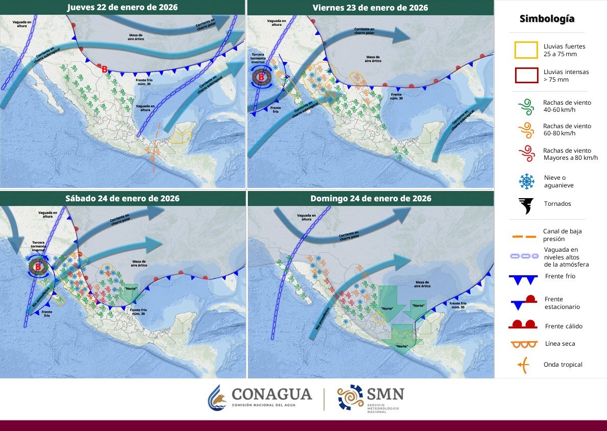 conagua_clima's tweet image. Este viernes y durante el fin de semana, la tercera #TormentaInvernal y el #FrenteFrío 30 ocasionarán #CondicionesMeteorológicasAdversas, principalmente descenso de #Temperatura y #Lluvias fuertes a muy fuertes en zonas del norte de #México. Detalles en smn.conagua.gob.mx/es/pronosticos…