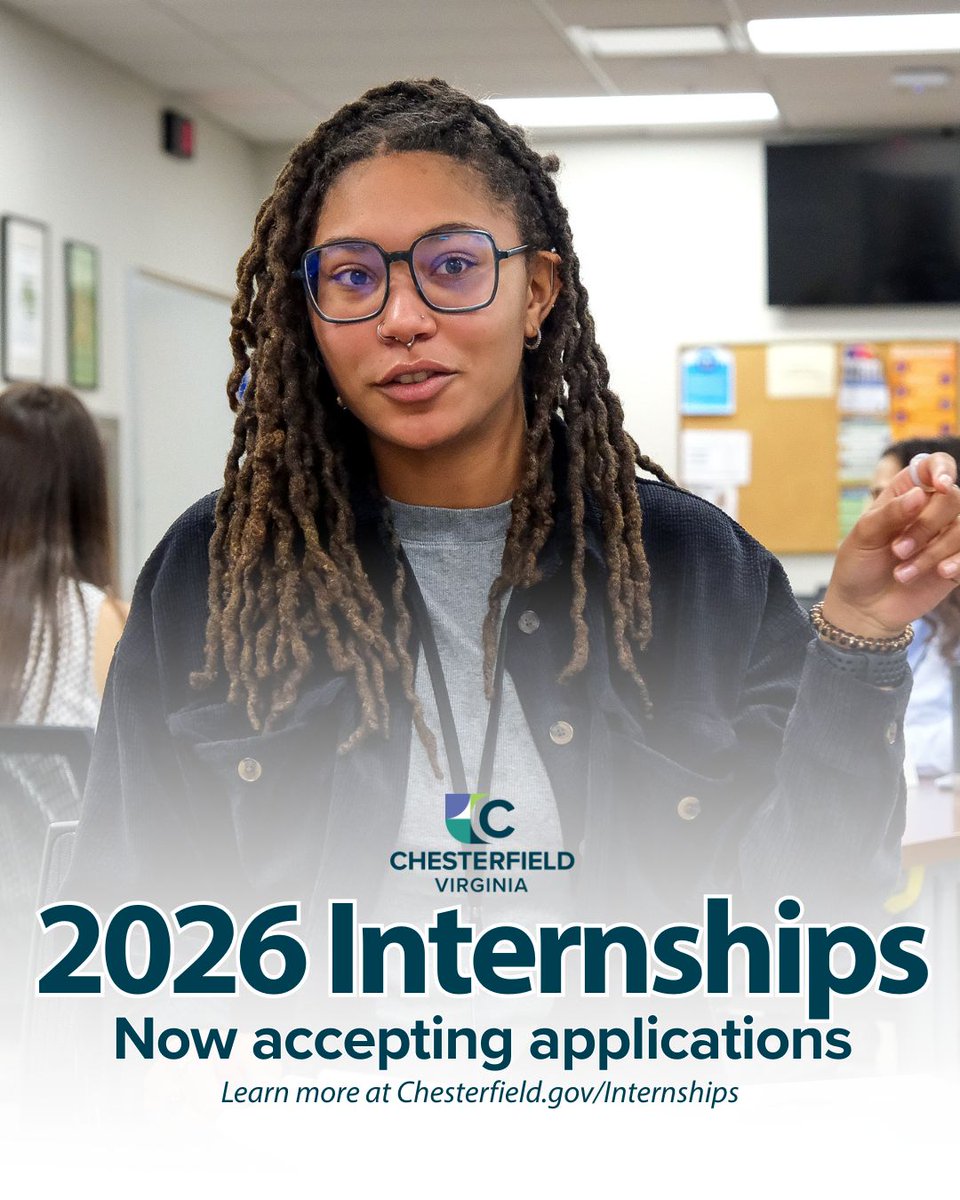 ChesterfieldVa's tweet image. Looking for a summer internship with real-world impact, real pay and real experience? Chesterfield County’s 2026 Summer Internship Program is now accepting applications! 

Applications close Feb. 15. 👉 Apply now: chesterfield.gov/Internships

#Cfield #ChesterfieldVA #Internship