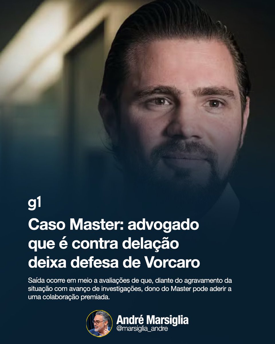 marsiglia_andre's tweet image. Delate, Vorcaro!

A matéria diz que o advogado Walfrido Warde deixou nesta quarta-feira (21) a equipe de defesa de Daniel Vorcaro, dono do Banco Master. A informação foi confirmada pelo advogado ao blog.

A saída ocorre em meio a avaliações de bastidore de que, diante do…