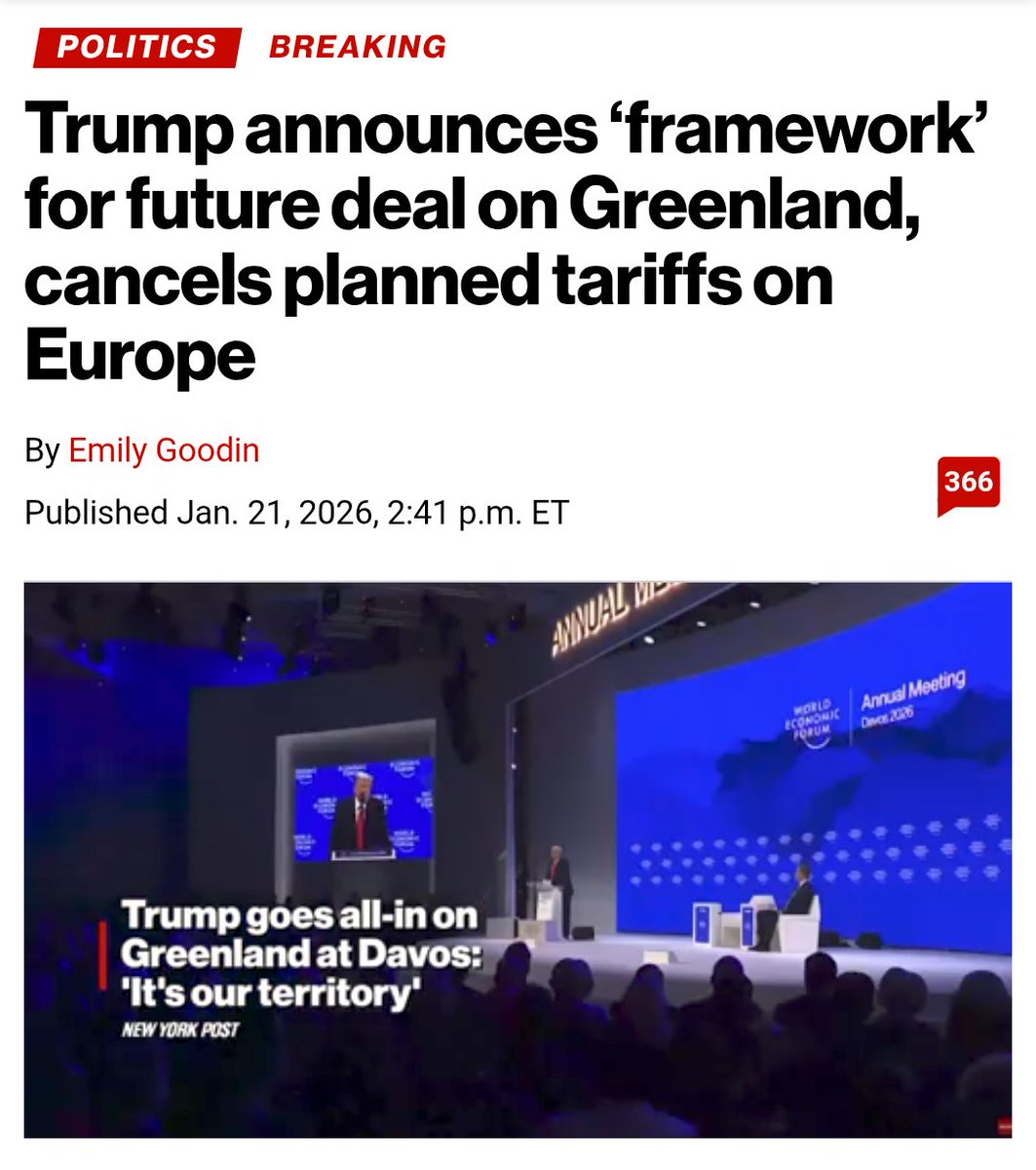 Forevertrumpie's tweet photo. It didn't take long 😅

Trump announces a "Framework" for a future Greenland agreement and cancels planned tariffs on Europe.

Trump on Greenland: "It's our territory" 😅😅

#greenland #davos https://t.co/RhXuumeK9E
