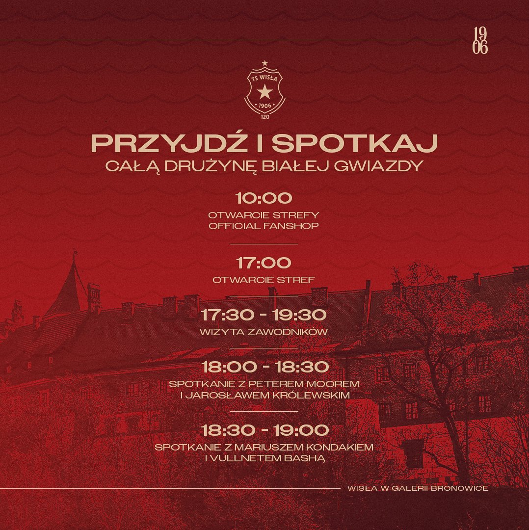 Wisła Kraków ponownie zawita do Galerii Bronowice! 😎 We wtorek (27.01) Wiślacka ekipa z całą drużyną Białej Gwiazdy będzie do Waszej dyspozycji. Pojawią się też goście specjalni - Peter Moore, Jarosław Królewski, Vullnet Basha i Mariusz Kondak. Ciebie nie może wtedy zabraknąć 👊