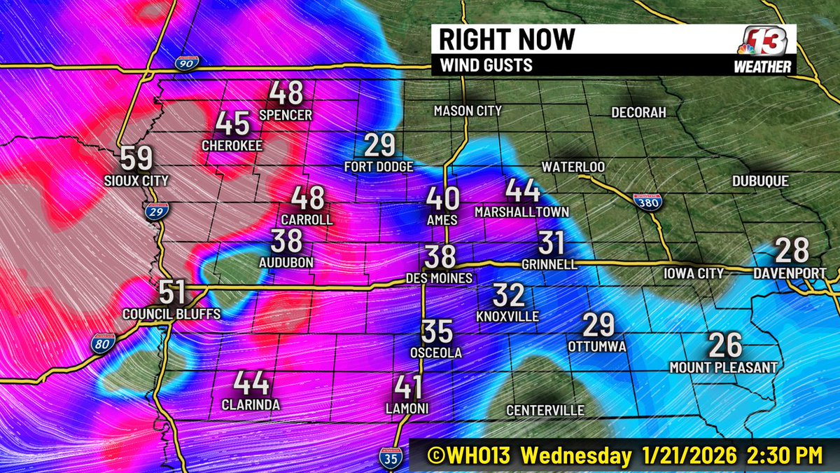 2 PM Wind Gusts in Iowa on 1/21/26