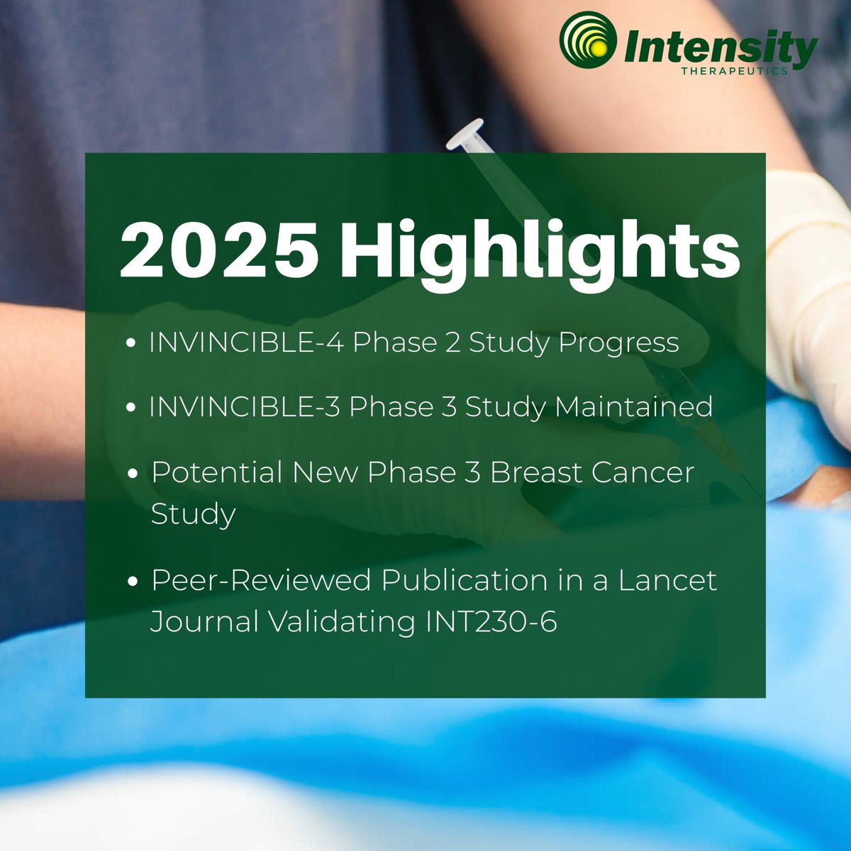 #IntensityTherapeutics delivered meaningful clinical and corporate progress in 2025, including continued advancement of the INVINCIBLE-4 Phase 2 study and peer-reviewed validation of #INT2306.

Read more: bit.ly/4qIBe7a

$INTS #ClinicalResearch