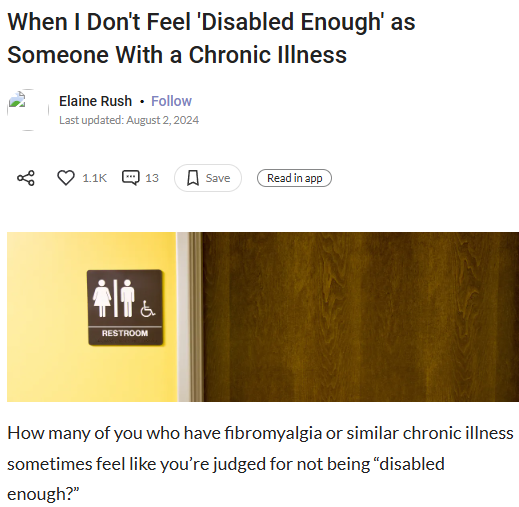 TomKindlon's tweet image. "When I Don't Feel 'Disabled Enough' as Someone With a Chronic Illness"

themighty.com/topic/fibromya…

"How many of you who have fibromyalgia or similar chronic illness sometimes feel like you’re judged for not being 'disabled enough?'”

#invisibleillness #Spoonie