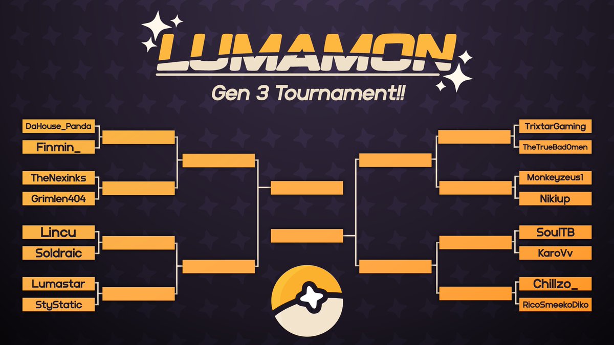 🌟 Lumamon Tournament Bracket 🌟
This is an event that takes places near the end of every season, for trainers of all skill levels to have a friendly competition, and have fun battling fellow server members!
Here is the official bracket, and may the best trainer win! Best of luck