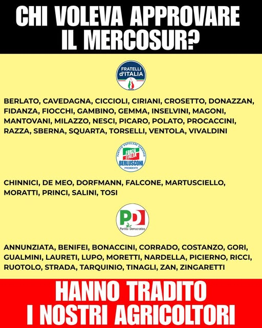 Il trattato di libero scambio col Mercosur è un pericolo concreto per l’agricoltura europea: concorrenza sleale, standard più bassi su sicurezza alimentare (con pesticidi vietati in Europa), ambiente e benessere animale, e un colpo durissimo alle nostre aziende agricole.