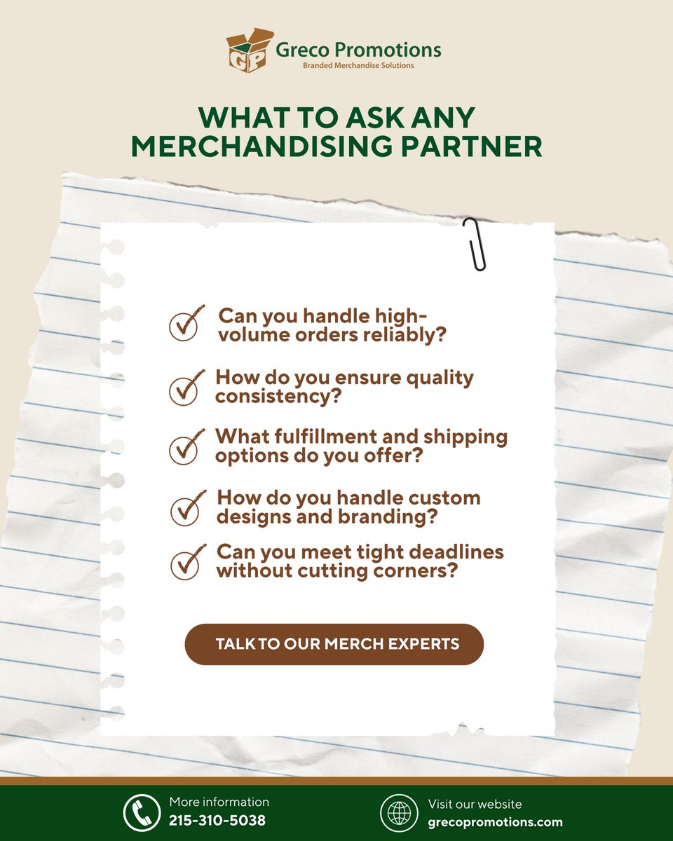 GrecoPromotions's tweet image. At Greco Promotions, we welcome the tough questions — because we have the answers to keep your brand looking flawless and your events running smoothly.

Here are some key questions to consider when vetting a merchandising partner.

#MerchExperts #QualityMerchandise