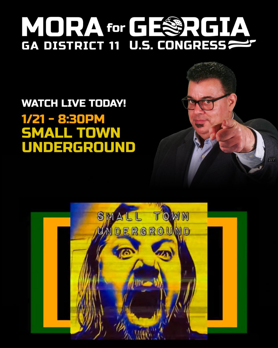 MoraForGeorgia's tweet image. 🚨Tune in TODAY, Jan 21 at 8:30 PM EST, as Chris Mora, candidate for Georgia’s 11th District, joins the Small Town Underground Podcast live. Get his take on GA-11 issues and vision for the future!

Watch: rumble.com/c/smalltownund…

Don’t miss it!
@smalltownug

#ChrisMora #GA11
