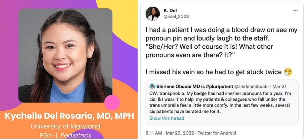 Kychelle Del Rosario, a former medical student who botched drawing blood from a patient in 2022 after he criticized her pronoun pin, is now working as a doctor at the <a href="/UMMC/">University of Maryland Medical Center</a>.

Rosario was put on leave at the time but was later exonerated by her university after deeming that it was