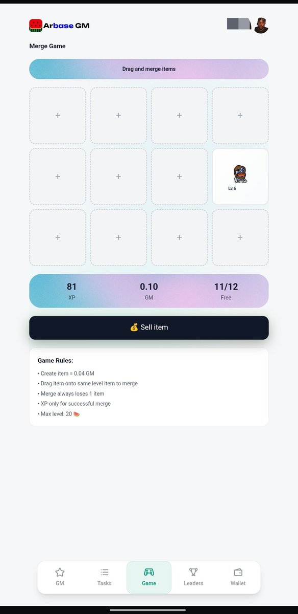 Rolexflex1's tweet image. #Arbase GM update, Lv 6 locked in. 🥂 Cheers to lvl_6
Kinda tough getting to Level_6 , but not backing off anytime soon.

Merge game unlocked, drag, combine, sell for XP/GM boost.  
Low GM? Tasks refill instantly, No game over.  

Determination = real upside, all roads leads to