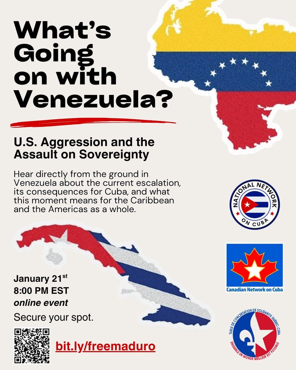 Webinar: What's Going on with Venezuela? January 21, 8:00 pm

The Canadian Network on Cuba, along with Quebec-Cuba Solidarity Roundtable and the U.S. National Network on Cuba, will be hosting a webinar, "What's Going on with Venezuela?" on Wednesday, January 21 at 8:00 pm EST.