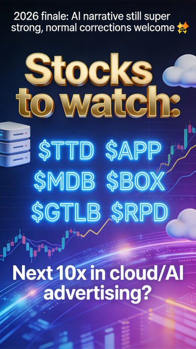 Ezeqcvvers's tweet photo. 2026 finale: AI narrative still super strong, normal corrections welcome 😌Stocks to watch: $TTD $APP $MDB $BOX $GTLB $RPDNext 10x in cloud/AI advertising? 📷 #AI #SaaS https://t.co/ISjaoSkOUK