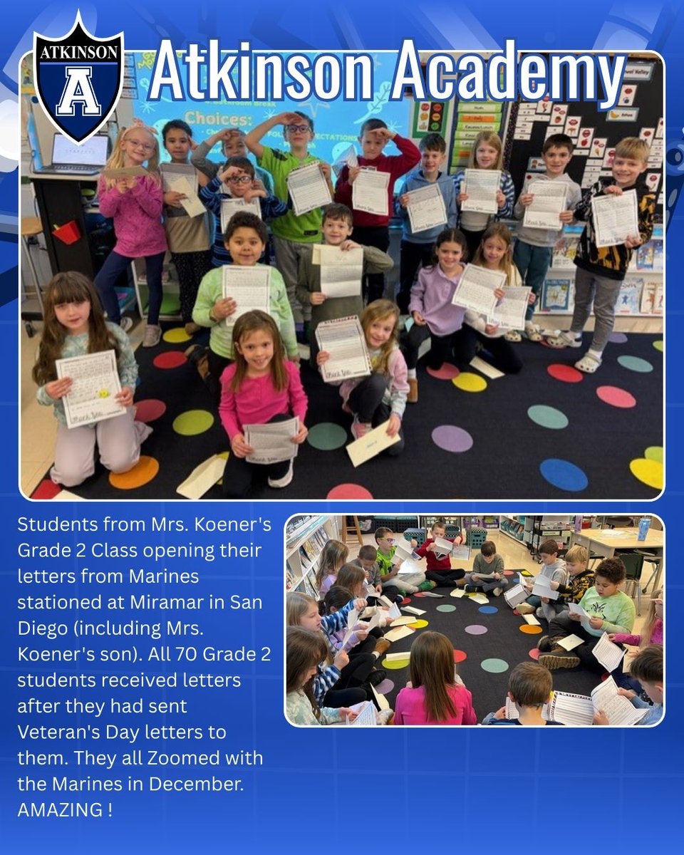 Students from Mrs. Koener's Grade 2 Class opening their letters from Marines stationed at Miramar in San Diego (including Mrs. Koener's son). All 70 Grade 2 students received letters after they had sent Veteran's Day letters to them. They all Zoomed with the Marines in December.
