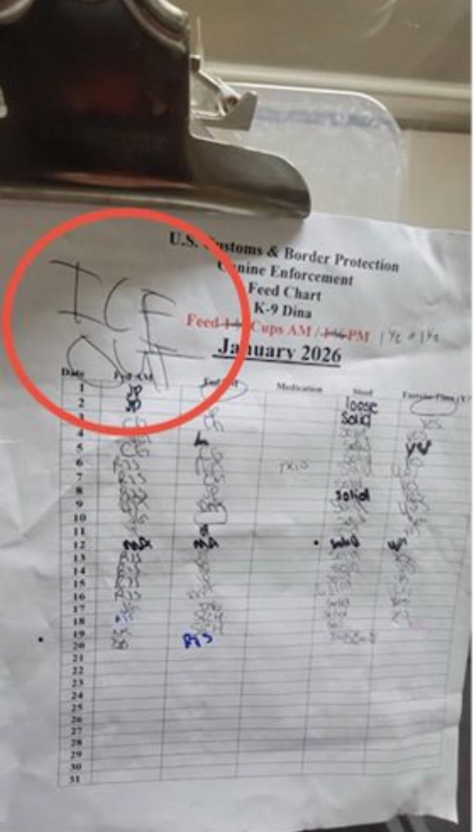 nicksortor's tweet image. 🚨 WTF?! Anti-ICE agitators are now targeting CBP K-9s, with a Minneapolis kennel employee writing “ICE OUT” on K-9 Dina’s feed chart

I wouldn’t put it past these imbeciles to attempt to poison these pups.

These people are SICK.

Get Dina checked out by a vet, @CBP! 🙏🏻
