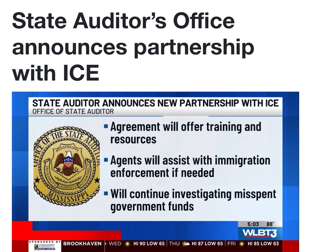 MSStateAuditor's tweet image. REMINDER: the Mississippi Office of the State Auditor has partnered with ICE under their 287(g) program.

Auditor Office agents participating in the program will assist with immigration enforcement if needed.

We found that illegal immigration costs taxpayers over $100 million…