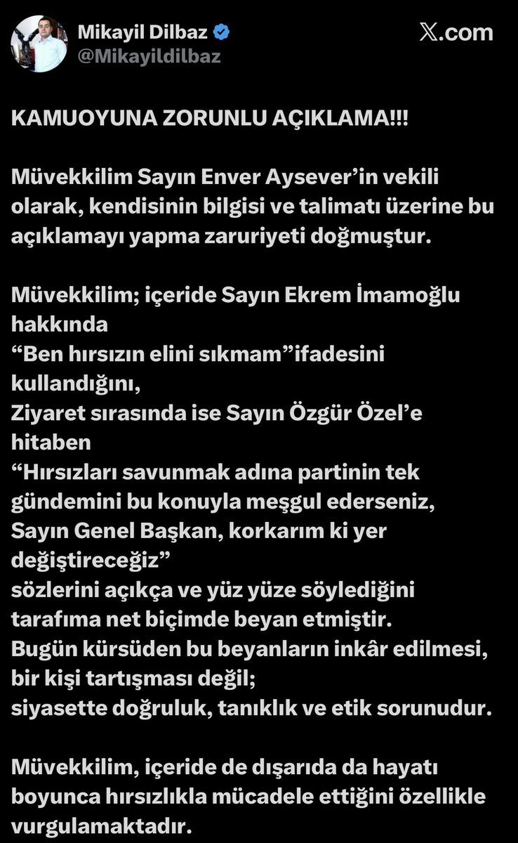 Gazeteci Enver Aysever’in avukatı Ekrem İmamoğlu ve Özgür Özel’i yalanladı. 

KAMUOYUNA ZORUNLU AÇIKLAMA!!!

Müvekkilim Sayın Enver Aysever’in vekili olarak, kendisinin bilgisi ve talimatı üzerine bu açıklamayı yapma zaruriyeti doğmuştur.

Müvekkilim; içeride Sayın Ekrem İmamoğlu