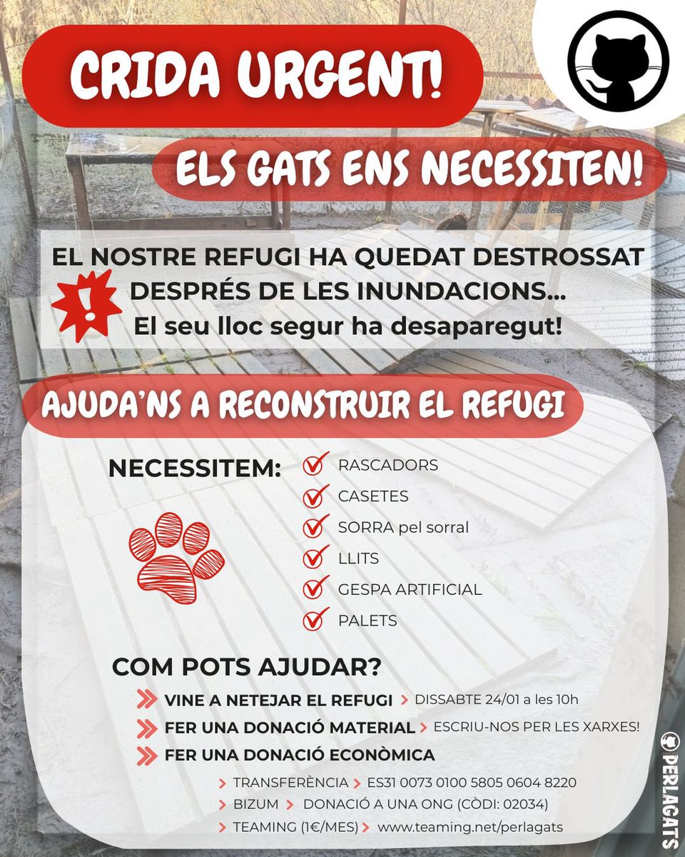 ajperalada's tweet image. 🐾 Crida urgent 🐾
Perlagats necessita ajuda per recuperar el refugi de gats ferals, afectat per la darrera llevantada.
🛠 Material: rascadors, casetes, sorra, llits, gespa artificial, palets
🧹 Neteja: ds. 24/01 · 10 h
📍 El Bullidor
💶 Donacions: veure imatge