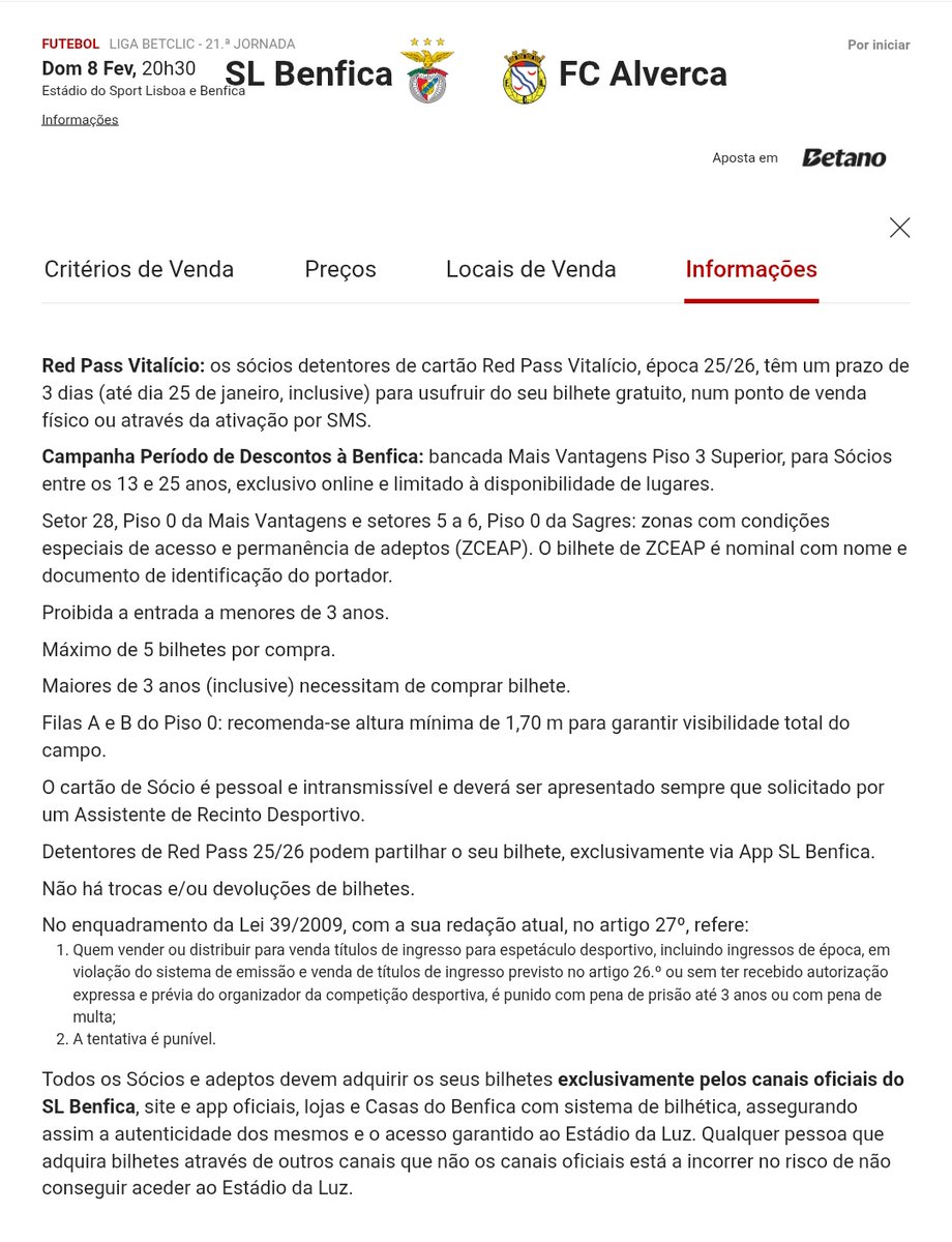🚨 BILHETES: BENFICA x Alverca 🚨

🗓 Dom, 8Fev
🕗 20h30
🏟 Estádio da Luz 

🎟️🎟️ À VENDA DIA 23 às 15h 🎟️🎟️

⚠️ Critérios de venda + Preços ⤵️: