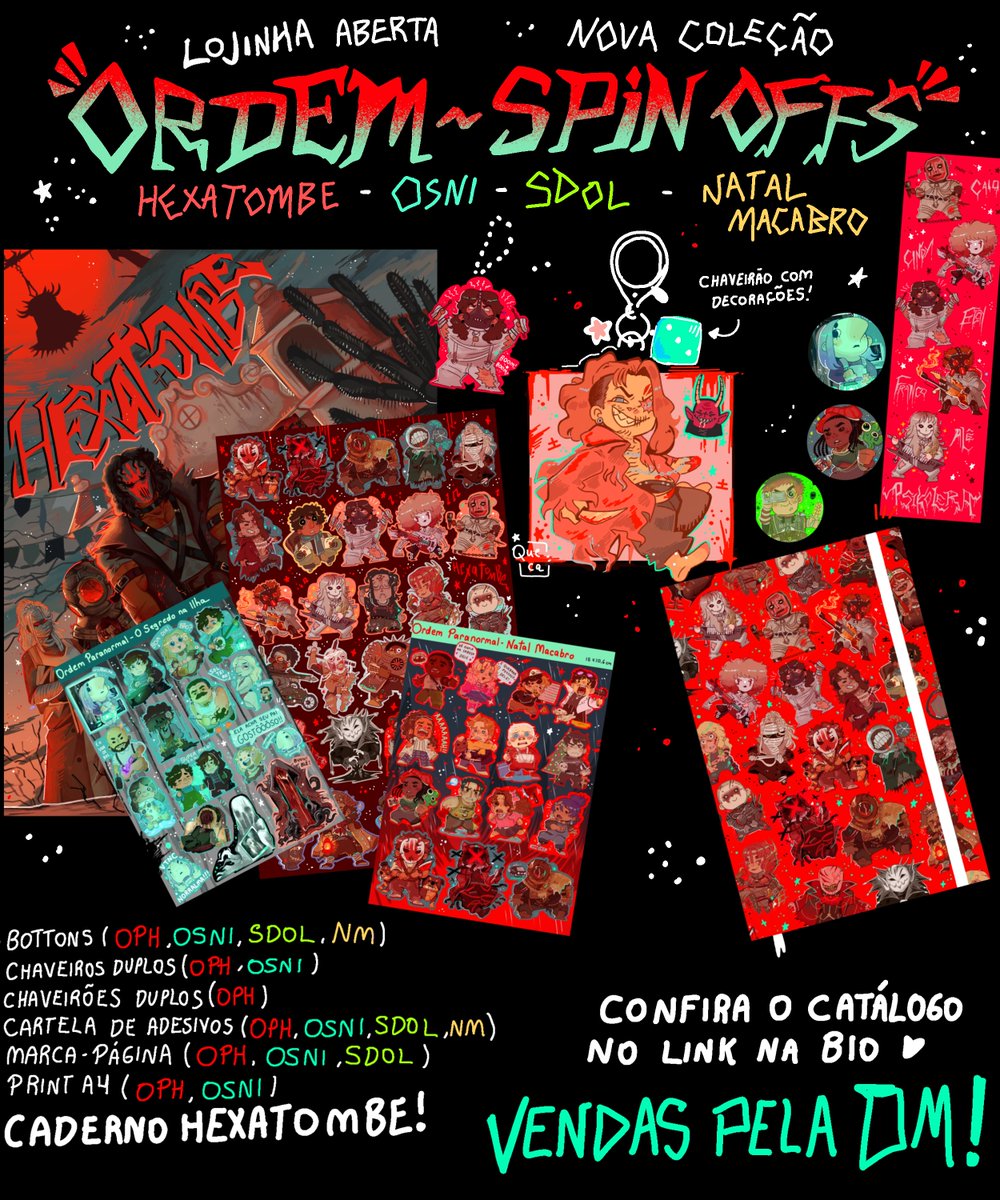 A LOJINHA ESTÁ ABERTA COM A NOVA COLEÇÃO! 🩸👻👽🎄

Bottons, adesivos, pôsteres, marca páginas e cadernos de HEXATOMBE, OSNI, SDOL, NATAL MACABRO E MAIS!

Veja o catálogo completo no link na bio. AS VENDAS SÃO FEITAS NA DM, ME CHAMA LÁ!