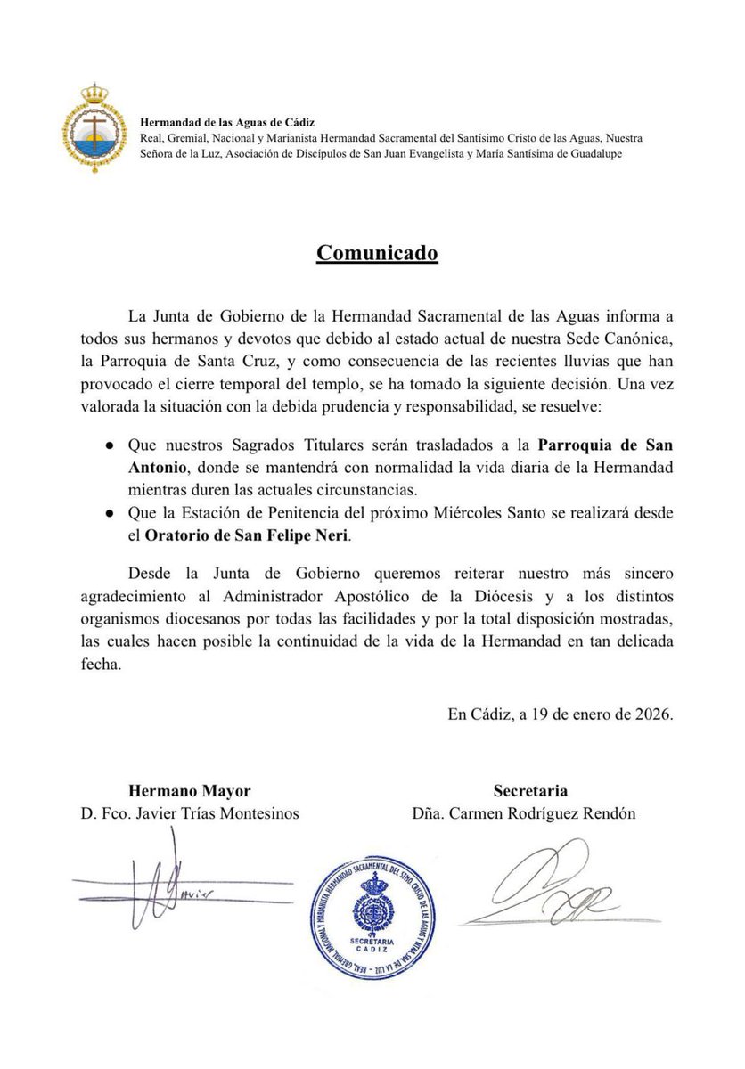 HdadAguasCadiz's tweet image. Comunicado oficial.

Cambio provisional de nuestra Sede Canónica debido a los problemas acontecidos en la Parroquia de Santa Cruz.