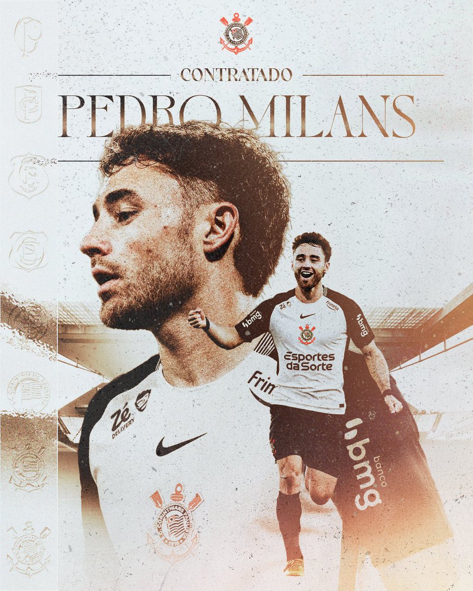 Corinthians's tweet image. PEDRO MILANS É DO TIMÃO! 🤩

O lateral uruguaio assinou com o Corinthians até 31 de dezembro de 2029 e será mais um reforço para o Coringão. 🇺🇾🏴🏳️

Saiba mais 👉🏽 corinthians.com.br/noticias/corin…

#BemVindoPedroMilans
#VaiCorinthians