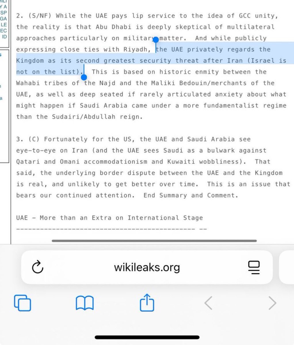 🚨 تدري عزيزي وش الوثيقة؟

هالوثيقة صدرت عام 2009 من (ابو ظبي)
رقم الوثيقة 09ABUDHABI981_A وكانت
موجّهة لوزارة خارجية 🇺🇸 تقول فيها:

👇🏼👇🏼👇🏼

"أبو ظبي ترى ان الخطر يأتيها من السعودية بعد ايران
وان السعودية في المركز الثاني من حيث التهديد" !!

🔹 (لم يتم ادراج اسرائيل في الوثيقة)!