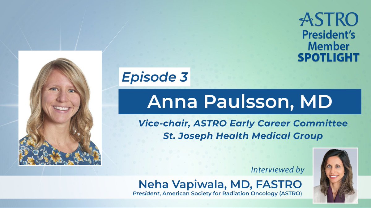 ASTRO_org's tweet photo. NEW President's Corner Member Spotlight - Anna Paulsson, MD
In the latest episode, ASTRO President Neha Vapiwala, MD, FASTRO, speaks with Anna Paulsson, MD, from St. Joseph Health Medical Group in Petaluma, California. Dr. Paulsson shares more about how her community practice works to support patients who live in this vast, agricultural region. @NehaVapiwala @bananaP08
Watch the video: https://t.co/ZmaX6pqrqc