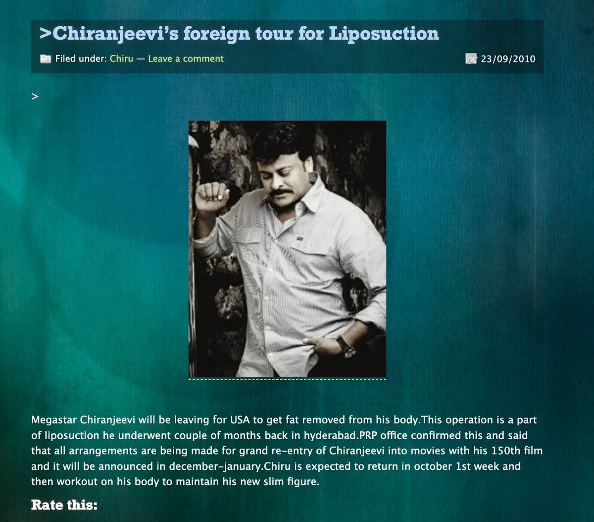 I like <a href="/KChiruTweets/">Chiranjeevi Konidela</a> Because Chala Casual ga Party ammidenginattu abaddam chepthadu 

He Got  First Oscar in Liposuction from USA before He got it from congress

Next Round Vachey Syera Ki Dupe ledu video ready ga undhi