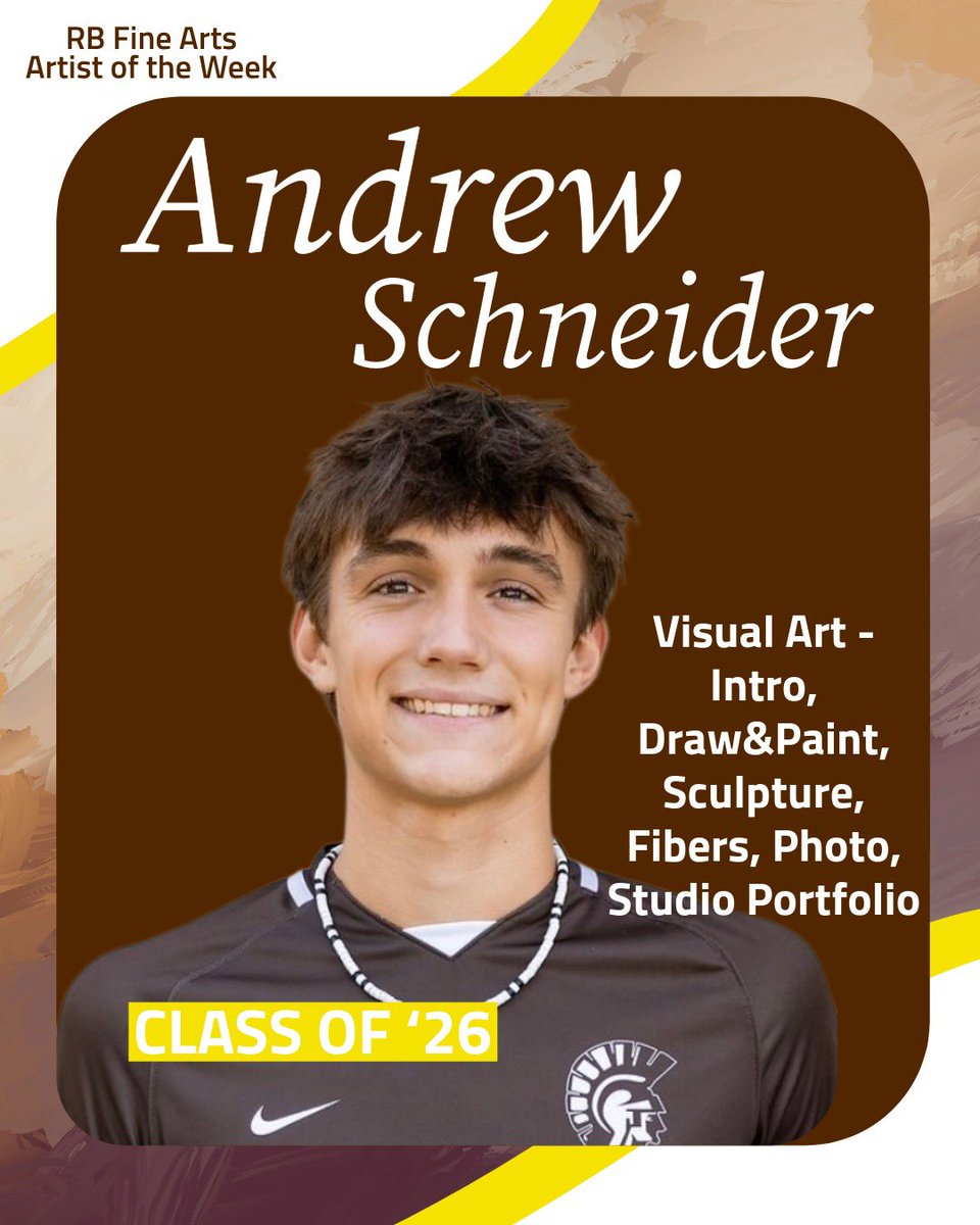 rbfinearts's tweet image. ARTIST OF THE WEEK 
It’s Senior Andrew! 🖼️🏺

Andrew is in the Studio Portfolio class working in 2D and 3D art - balancing athletics with his creative side
He says the #FineArtsatRB is “a great way to set yourself apart in a creative way.”

Read more with the link ➡️ in the bio