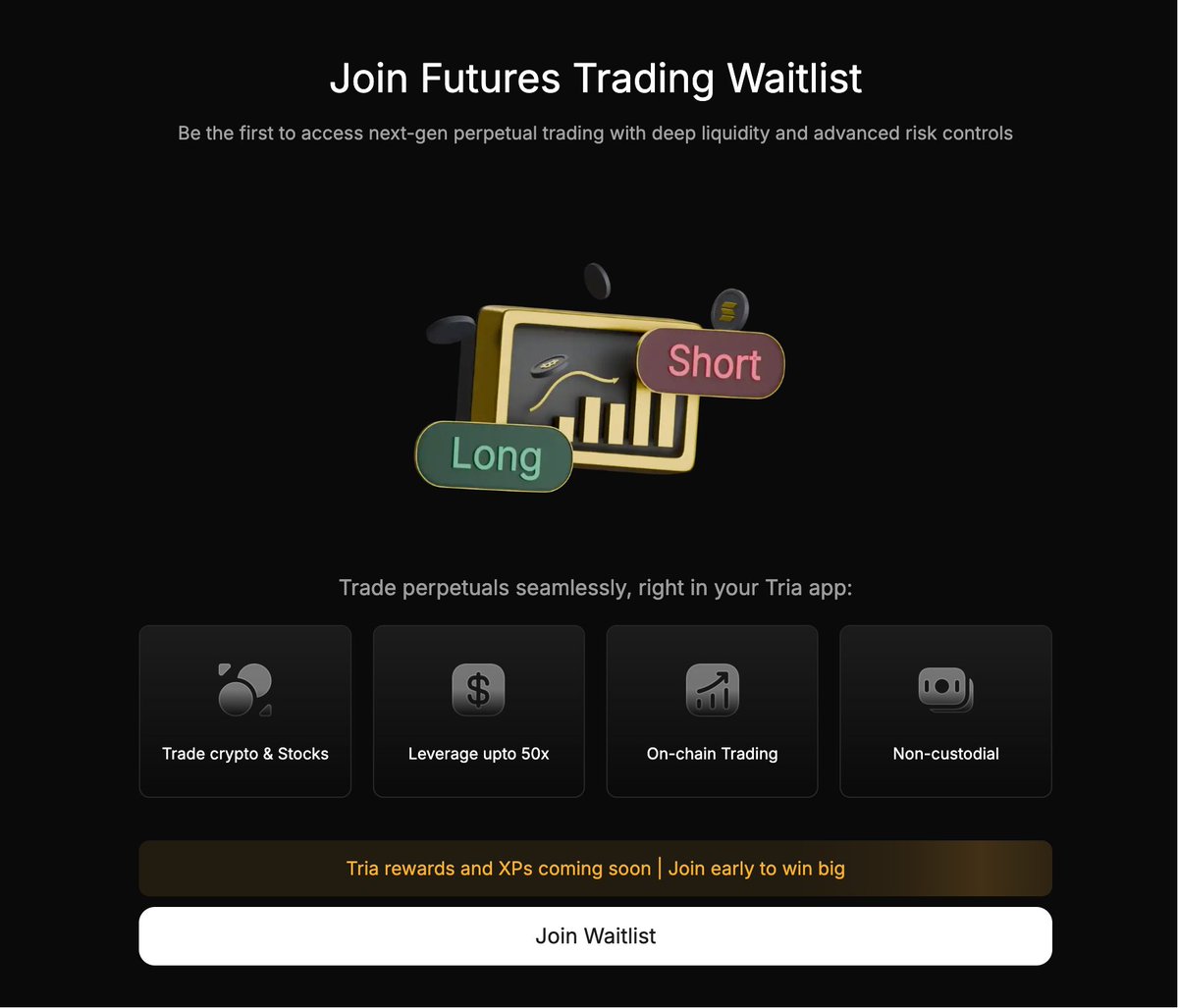 融资1200万美金的@useTria 先申请下加一下候补名单申请候补名单：https://t.co/1ayl7VNPcf  存入任何代币快速开仓，无需手动桥接、无需预先兑换、无需在链间切换，访问权限将分批推出