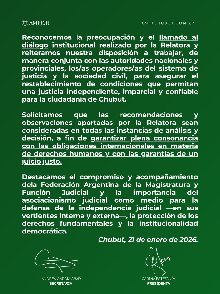 La AMFJCH valora el pronunciamiento de la Relatoría Especial de la ONU sobre la independencia de magistrados y abogados, que advierte que la eliminación de los fueros judiciales en Chubut es contraria a las garantías de la independencia judicial y al derecho a un juicio justo.