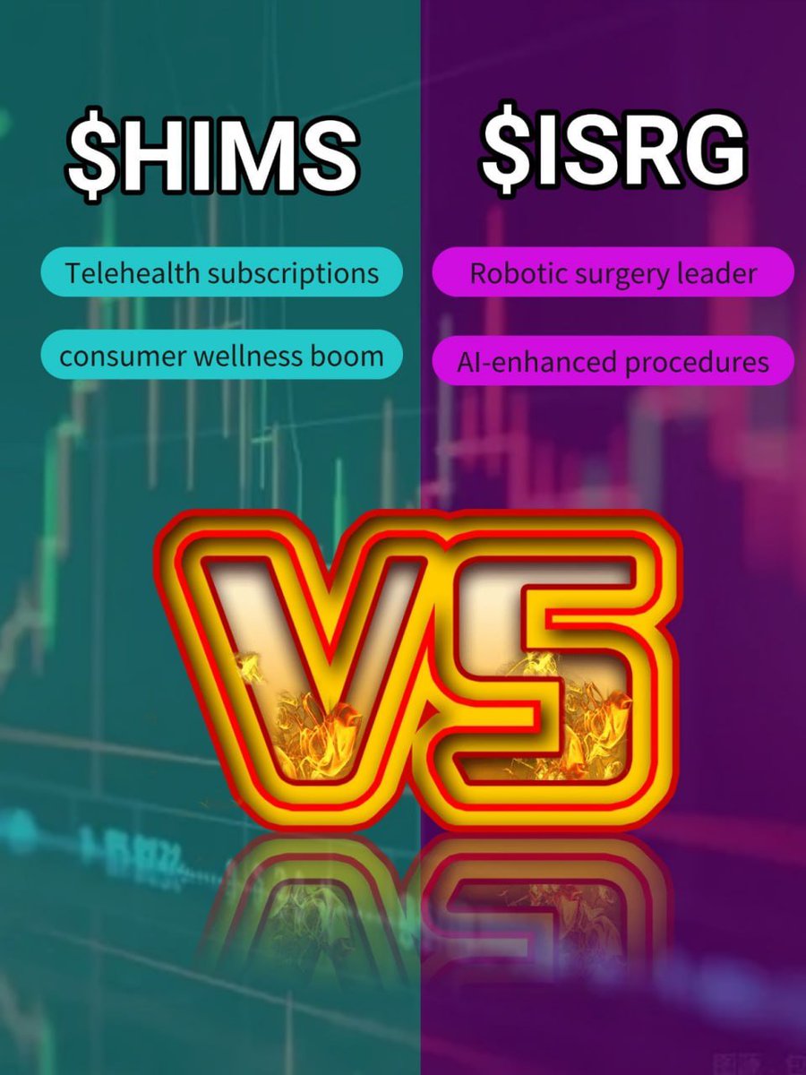 Korbivesus's tweet photo. $HIMS vs $ISRG for 2026 growth?
HIMS: Telehealth subscriptions, consumer wellness boom.
ISRG: Robotic surgery leader, AI-enhanced procedures.
Health tech showdown.
Which one are you on?
$HIMS $ISRG " https://t.co/rDjv1PM5QZ