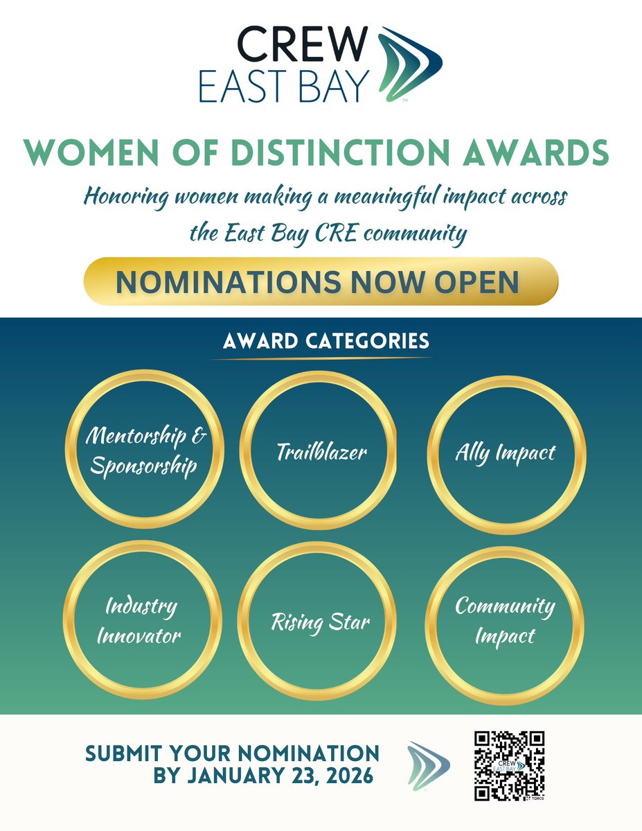 CREW East Bay is thrilled to announce our inaugural Women of Distinction Awards, which will be held in conjunction with our annual Fundraiser Gala on May 14, 2026.

Don't delay, as nominations are due by January 23rd!
forms.gle/nmcwYtc6g1Pa3L…