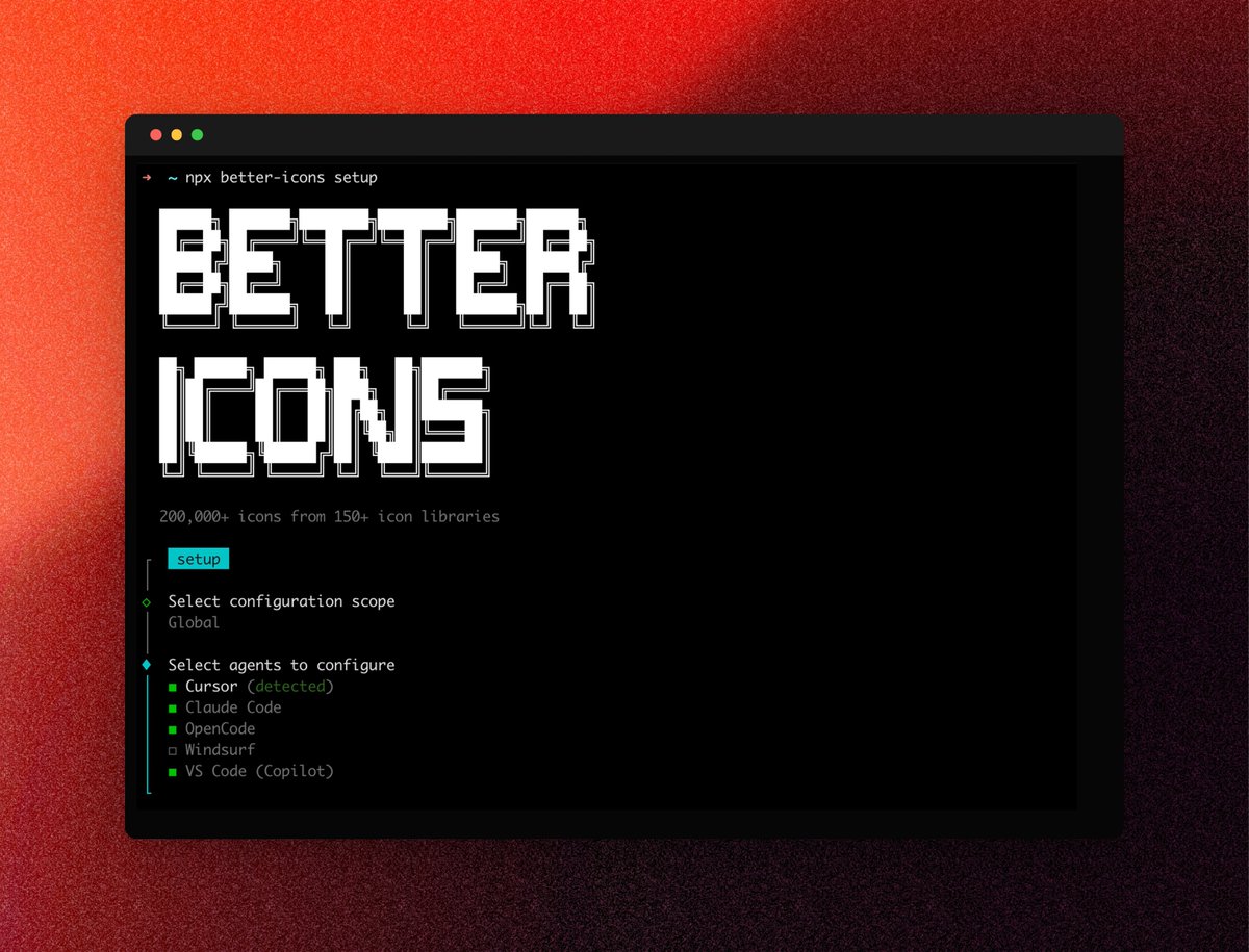Introducing Better Icons

The MCP server for searching and retrieving icons

- 200,000+ icons
- Auto learns your preferences and prioritizes icon sets you actually use
- Token efficient - automatically replaces inline SVGs in your project

Get started - `npx better-icons setup`