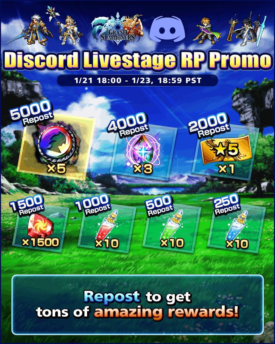 GRDSMN_GLOBAL's tweet image. The Grand Summoners 8th Anniversary Countdown Discord Livestage will be held on 1/23, 18:00 PST!✨

Plus, a new promo is here to celebrate!

More reposts = more rewards!💎

discord.gg/grandsummoners