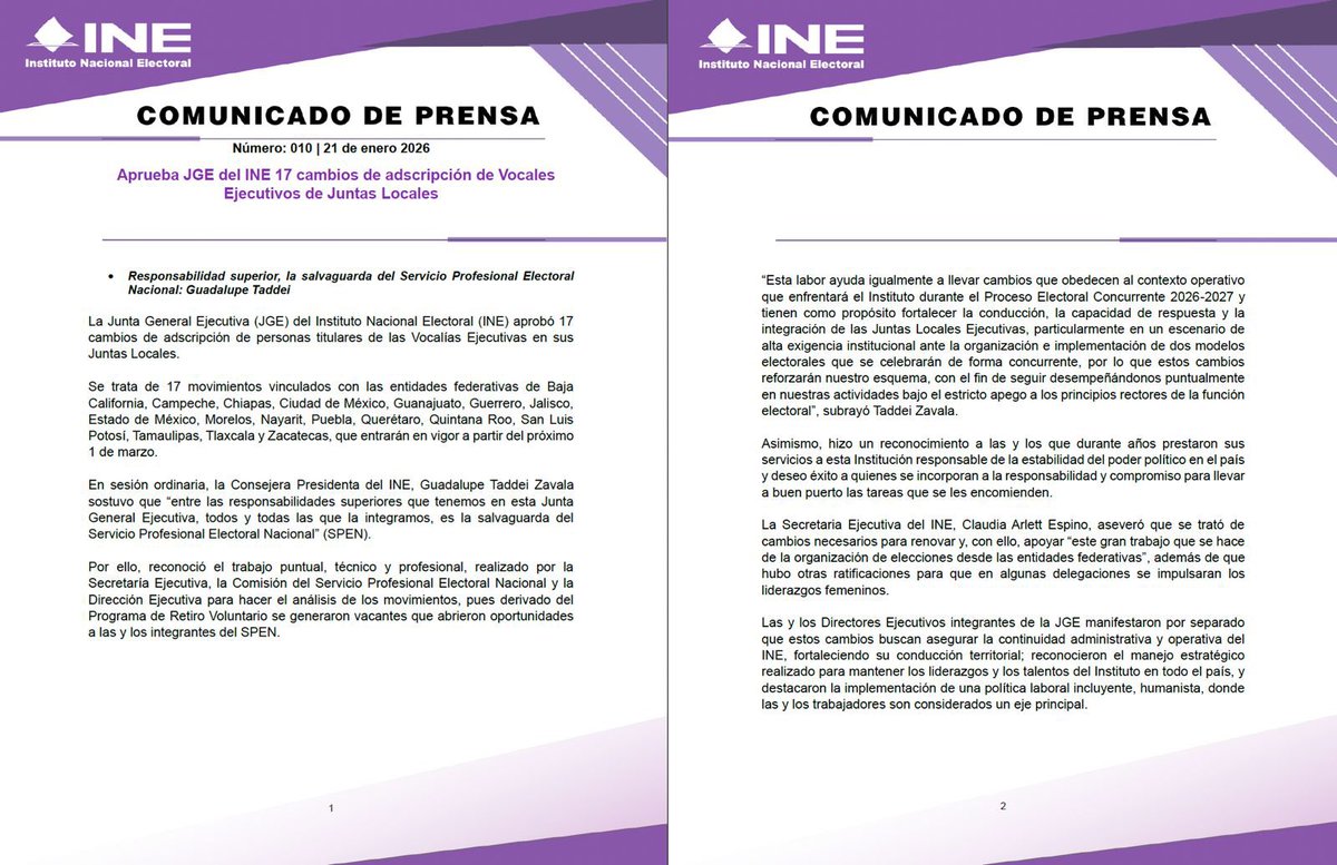 INEMexico's tweet photo. #BoletínINE 📑 | Aprueba JGE del INE 17 cambios de adscripción de Vocales Ejecutivos de Juntas Locales. 

https://t.co/JAwZrQ66db https://t.co/g8pQGt1rth