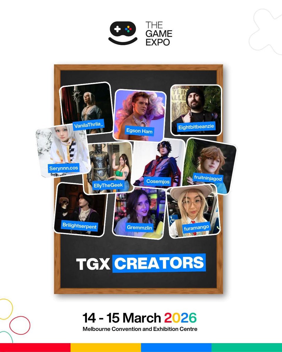 TheGameExpo's tweet photo. Check out our wonderful creators and everything they do before you catch them at #TheGameExpo

Vanila Thrila @EgsonHam @eightbitbeanzie 
serynnn.cos @EllyTheGeek @cosemjos fruitninjagod
@briiightserpent @gremmzlin @furamango https://t.co/tl0Dwm0shI