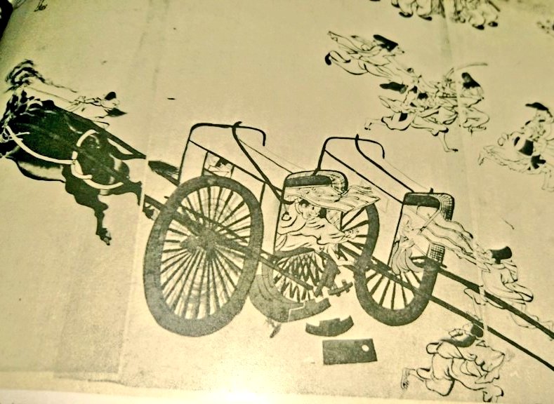 goshuinchou's tweet image. 平安後期に描かれた年中行事絵巻には牛車同士の衝突事故が描かれています。任意保険には必ず入っておきましょう。
