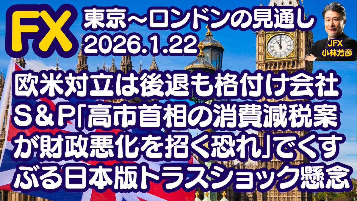 為替】1/22 欧米対立は後退も格付け会社S＆P「高市首相の消費減税案が