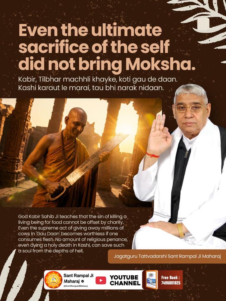 #गला_भी_कटाया_मोक्ष_नहींपाया
God Kabir Ji teaches that the sin
of killing a living being to food cannot be collect by charity.
Even the supreme act of living away millions of cows in 'Gau Daan'
becomes worthless if one consumes flesh.
God Kabir Nirvan Diwas
#GodMorningThursday