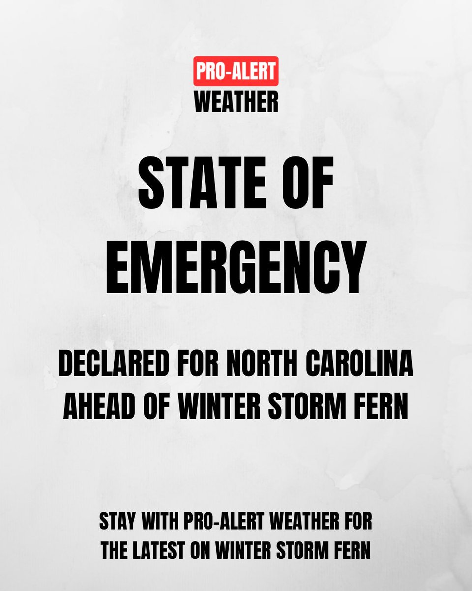 ProAlertWeather's tweet image. A State of Emergency has been declared for North Carolina ahead of the arrival of Winter Storm Fern. Stay with Pro-Alert Weather for continued coverage.

#NorthCarolina #CLTWX #WinterStormFern #ProAlertWeatherNC #PAWWinter2526 #NCWX #SCWX #StateOfEmergency