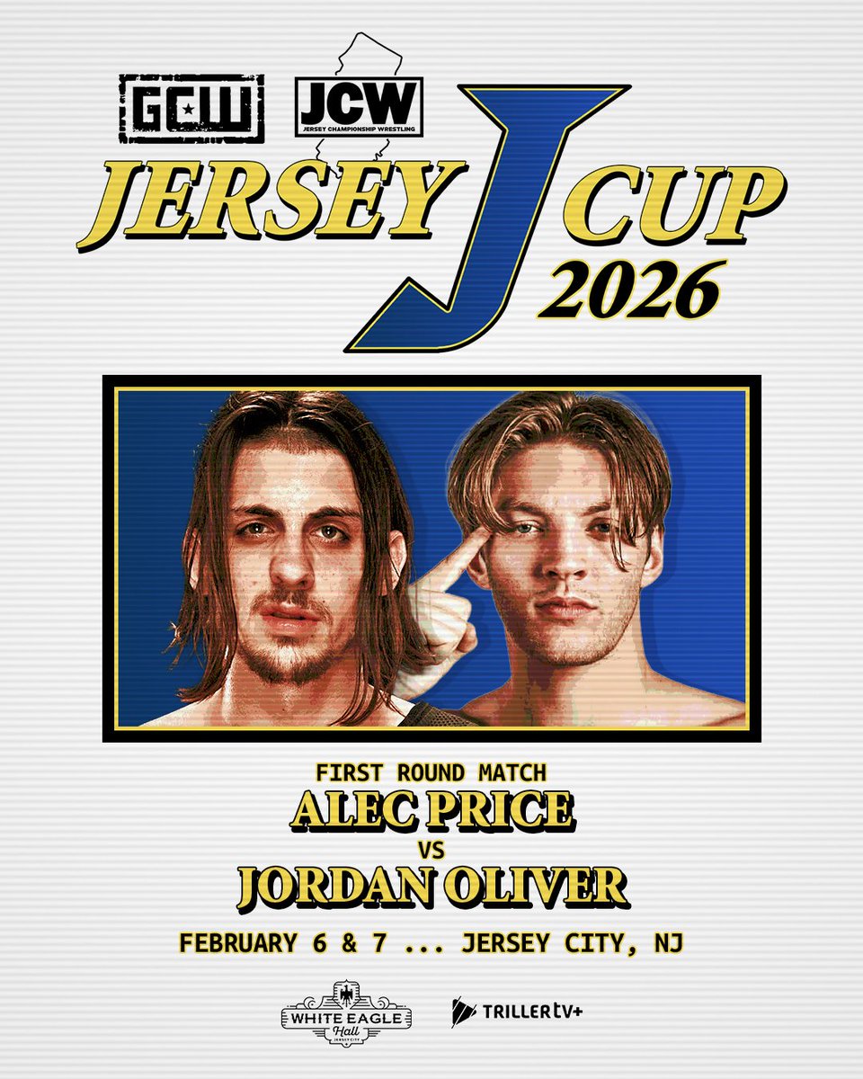 *JERSEY J-CUP UPDATE*

FIRST ROUND MATCH

GCW WORLD TAG CHAMP
JORDAN OLIVER

vs
GCW WORLD TAG CHAMP
ALEC PRICE

The 2026 Jersey J-Cup
Feb 6 &amp; Feb 7, 2026
White Eagle Hall
Jersey City, NJ

Get tickets now!

Night 1:
wl.eventim.us/event/the-2026…

Night 2:
wl.eventim.us/event/the-2026…