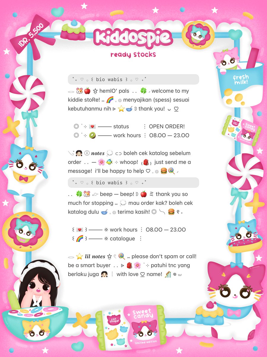 kiddospie's tweet image. ⠀
⸝⸝ ꕤ  𓈄 𓈒  help rt? thank you! ☘️

💭  ☆̲ ◞ₓ˚ 🥣 halo teman—timun!  𓏲 ﾟ。。𖢷 sherina bawain 8 wording bio wabis ready stOck! 🧁🌸 ⊂⊃ dengan harga ◎ IDR. 5.500 only ៶៲៸ ⓘ 👛 dm me or reply if you want!  ✋🏻 𖠗 ៸ 🍭🎀 

៸៸ 💌 യ #zonauang #zonaba ꒱