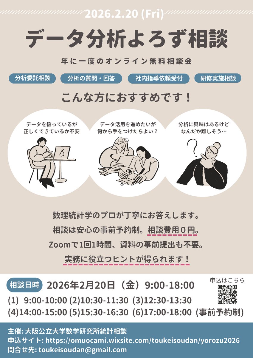 omu_ocami's tweet photo. 📣イベント情報📣
数学研究所統計相談では企業・自治体・一般の方を対象にした年に一度の無料オンライン相談会「データ分析よろず相談2026」を開催します。
「分析したいけど方法がわからない」「このやり方でいいの？」そんなお悩みを数理統計学のプロが解決します。
https://t.co/TwHrCBFEzj https://t.co/LmNfdDVcQv